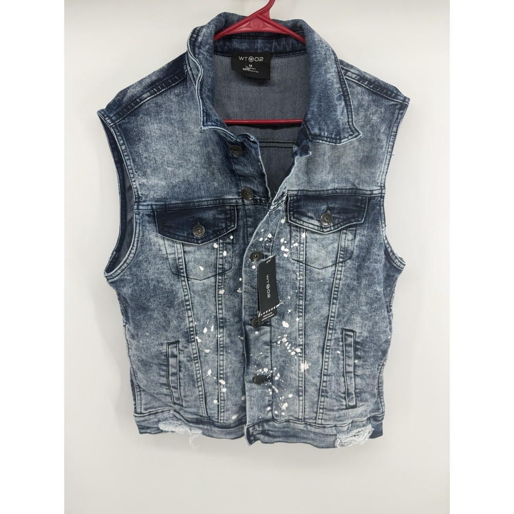 WT02 Men's M Denim Vest Acid Wash Paint Splatter Distressed Jean Jacket NWT